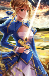  alice_jing artoria_pendragon_(fate) blonde_hair commentary_request dress fate/stay_night fate_(series) female glowing glowing_sword glowing_weapon green_eyes juliet_sleeves long_sleeves photoshop_(medium) puffy_sleeves ribbon saber_(fate) solo sword weapon 