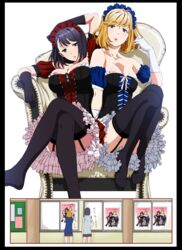  2girls absurdres bare_shoulders black_gloves black_hair black_legwear blonde_hair blush breasts chair collarbone commentary_request convenient_leg crossed_legs detached_sleeves dress frilled_dress frills from_behind garter_straps gloves highres jijo_(kakitama) kakitama looking_at_viewer maid_headdress mole mole_on_breast multiple_girls no_shoes original parted_lips patsukin_(kakitama) pink_lips pose poster_(object) puffy_detached_sleeves puffy_sleeves school_uniform shared_chair short_hair sitting skirt strapless strapless_dress sweater_vest thighhighs translation_request white_gloves yuri 