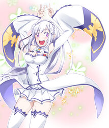  :d arms_up blush braid breasts commentary_request double_v dress elf emilia_(re:zero) female floral_background flower gv_natsuno hair_between_eyes hair_flower hair_ornament hair_ribbon happy highres long_hair looking_at_viewer medium_breasts open_mouth outline pleated_skirt pointy_ears purple_eyes re:zero_kara_hajimeru_isekai_seikatsu ribbon skirt smile solo thighhighs v white_flower white_hair white_thighhighs x_hair_ornament 