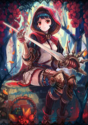  armor blood blue_hair commentary_request female flower forest hood leaf little_red_riding_hood matsumoto_mitsuaki nature original photoshop_(medium) picnic_basket red_eyes red_hood short_hair sitting skirt solo sword thighhighs weapon 