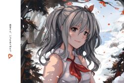  alternate_costume commentary english_commentary female grey_eyes grey_hair hair_ribbon heart kantai_collection kashima_(kancolle) leaf looking_at_viewer ribbon sekigan shirt sleeveless sleeveless_shirt snow tree twintails upper_body 