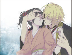  1boy blonde_hair brown_hair chikage_kazama commentary_request covering_own_eyes crossdressing female hakuouki_shinsengumi_kitan hand_on_another&#039;s_face heyromeo holding_another&#039;s_arm japanese_clothes kimono long_hair necktie obi photoshop_(medium) ponytail sash short_hair yukimura_chizuru 