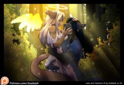  angel anthro azaleesh cameron_(azaleesh) domestic_cat duo english_text felid feline felis female gazing hand_on_back hand_on_butt hand_on_head intimate jesse_(cyrion100) love male male/female mammal smile tasteful tender text url 