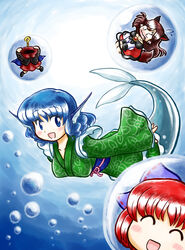  3girls ? animal_ears blue_eyes blue_hair blush bow breasts brown_hair cape closed_eyes commentary_request grass_root_youkai_network hair_ornament hairbow imaizumi_kagerou japanese_clothes kimono large_breasts long_hair long_sleeves looking_at_viewer mermaid monster_girl multiple_girls nitamago open_mouth red_hair sekibanki short_hair swimming tail touhou underwater wakasagihime water wolf_ears wolf_tail 