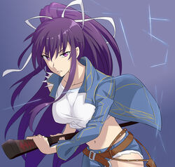  blue_jacket blue_pants breasts collarbone commentary_request crop_top female fighting_stance floating_hair grey_background hair_between_eyes hair_ribbon high_ponytail holding holding_sheath holding_sword holding_weapon jack-barro jacket kanzaki_kaori katana large_breasts left-handed long_hair long_sleeves midriff navel ootachi open_clothes open_jacket pants purple_eyes purple_hair ready_to_draw ribbon sheath sheathed shichiten_shichitou simple_background solo stance stomach sword tank_top toaru_majutsu_no_index torn_clothes torn_pants unsheathing very_long_hair weapon white_ribbon white_tank_top 