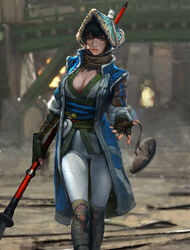  amigasa architecture armor black_eyes black_hair blurry blurry_background breasts cleavage closed_mouth commentary_request east_asian_architecture female fingerless_gloves fire for_honor gauntlets gloves highres holding holding_polearm holding_weapon japanese_armor japanese_clothes kim_junghun lips long_sleeves looking_at_viewer mask naginata nobushi_(for_honor) outdoors pants photoshop_(medium) polearm short_hair solo standing weapon white_pants 