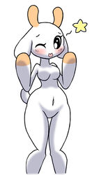  absurd_res anthro big_breasts bit-small blush bovid bovine breasts bunny_maloney cattle charlotte_(bm) female fur hi_res hooves horn looking_at_viewer mammal navel nude one_eye_closed simple_background solo white_background white_body white_fur wide_hips wink 