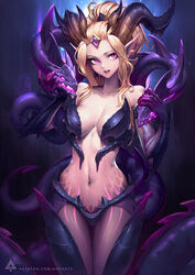  :d alternate_costume alternate_hair_color armor bangs_pinned_back bare_shoulders blonde_hair breastplate breasts cleavage collarbone commentary dragon dragon_horns dragon_sorceress_zyra english_commentary eyelashes female forehead_jewel highres horns large_breasts league_of_legends lips mixed-language_commentary navel oerba_yun_fang oopartz_yang open_mouth patreon_username pink_lips ponytail purple_eyes slit_pupils smile solo stomach thigh_gap watermark zyra 