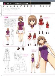  agent_aika aika_r-16 artbook ass braid character_sheet curvy female female long_hair looking_at_viewer multiple_views official_art one-piece_swimsuit panties scan shiny shiny_skin shoes short_hair skirt standing sumeragi_aika swimsuit thighs thong translation_request underwear uniform white_background 