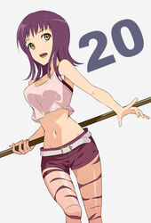  :d breasts collarbone commentary_request female friulian_spear groin holding holding_polearm holding_weapon itsuwa jack-barro long_hair looking_at_viewer medium_breasts midriff navel open_mouth pink_tank_top polearm purple_hair purple_shorts shiny_skin short_shorts shorts simple_background smile solo standing stomach tank_top toaru_majutsu_no_index weapon white_background yellow_eyes 