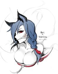  +_+ ahri_(league_of_legends) animal_ears bare_shoulders blue_hair braid breasts cleavage cleave_gag cloth_gag commentary_request cosplay detached_sleeves eyepatch female fox_ears fox_tail fusion gag gagged hair_over_one_eye improvised_gag large_breasts laura_post league_of_legends long_hair looking_at_viewer multiple_tails ng_(kimjae737) red_eyes scar side_braid single_braid skullgirls solo tail twitter_username valentine_(skullgirls) voice_actor_connection 