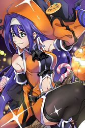  black_legwear candy closed_mouth clothing_cutout commentary_request detached_sleeves female fire_emblem fire_emblem:_path_of_radiance fire_emblem_heroes food green_eyes hair_between_eyes halloween halloween_costume hat headband highres jack-o&#039;-lantern lollipop long_hair looking_to_the_side mia_(fire_emblem) myrrh_(halloween)_(fire_emblem) navel_cutout pretty-purin720 purple_hair smile solo sparkle white_headband witch_hat 