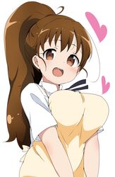  apron blush breasts brown_eyes brown_hair female heart highres large_breasts long_hair looking_at_viewer open_mouth ponytail riyo_(aokiwazumi) smile solo taneshima_popura wagnaria_uniform waitress working!! 