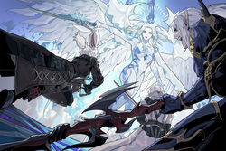  2boys 2girls animal_ears armor battle breasts byuub coat estinien_varlineau final_fantasy final_fantasy_xiv gunblade hydaelyn jacket multiple_boys multiple_girls open_mouth pale_skin pointy_ears polearm rabbit_ears spear spoilers thancred_waters viera warrior_of_light_(ff14) weapon white_hair wings 