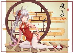  chinese_clothes chinese_dress long_hair original pointed_ears ponytail sechka wink 