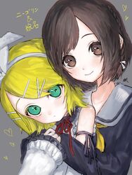  25-ji_nightcord_de._(project_sekai) 25-ji_rin 2girls bad_id bad_twitter_id blonde_hair brown_eyes brown_hair commentary green_eyes grey_background hair_ornament hair_ribbon hairclip heart kagamine_rin korpokkur_kne long_sleeves looking_at_viewer multiple_girls neck_ribbon necktie project_sekai red_necktie red_ribbon ribbon shinonome_ena short_hair translated vocaloid white_ribbon yellow_ribbon 