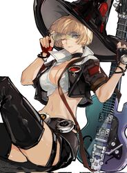  belt black_gloves black_thighhighs blonde_hair bob_cut breasts choker cleavage crop_top electric_guitar female found_modori glasses gloves green-tinted_eyewear guilty_gear guilty_gear_strive guitar hat highres i-no instrument large_breasts midriff mole mole_above_mouth mole_under_eye navel one_eye_closed simple_background sitting solo stomach sunglasses thighhighs thighs tinted_eyewear white_background witch_hat 