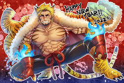  1boy abs absurdres animal_ears bara blonde_hair facial_hair highres kageru_(mofnyan) large_pectorals looking_at_viewer male_focus manboobs mature_male muscular muscular_male new_year old old_man original pectorals tiger_stripes 