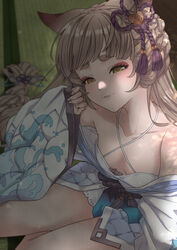  animal_ears bare_shoulders bath_yukata blurry blurry_background braid breasts breasts_apart brown_hair collarbone criss-cross_halter dress erune eyeshadow female french_braid granblue_fantasy green_eyes hair_ornament half-closed_eyes halterneck hand_up highres japanese_clothes kimono long_hair looking_at_viewer makeup mifuta off_shoulder orange_eyes parted_lips pholia pholia_(yukata) short_dress sitting sleeveless sleeveless_dress small_breasts smile solo tatami thick_eyebrows very_long_hair white_dress white_kimono yukata 