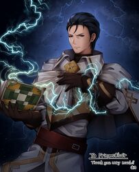  1boy absurdres alternate_costume annno_ans belt black_hair book commission commissioner_upload fire_emblem fire_emblem:_thracia_776 fire_emblem_heroes gloves highres lightning looking_at_viewer magic male_focus reinhardt_(fire_emblem) reinhardt_(resplendent)_(fire_emblem) skeb_commission solo watermark weapon 