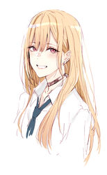  absurdres black_choker blonde_hair blue_necktie choker commentary ear_piercing female hair_between_eyes highres kitagawa_marin long_hair looking_at_viewer napata necktie parted_lips piercing red_eyes school_uniform shirt simple_background smile solo sono_bisque_doll_wa_koi_wo_suru symbol-only_commentary upper_body white_background white_shirt 