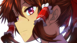  brown_hair closed_mouth female frilled_hair_tubes frills hair_between_eyes hair_tubes hakurei_reimu highres long_hair portrait red_eyes solo takumi117 touhou white_background 