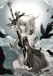  absurdly_long_hair absurdres arknights armpits bare_back bare_shoulders bare_tree bird black_one-piece_swimsuit breasts brown_hair commentary_request crow detached_sleeves ear_piercing feathers female from_behind hair_spread_out highres holding holding_sword holding_weapon horns korean_commentary large_breasts long_hair looking_at_viewer looking_back median_furrow official_alternate_costume one-piece_swimsuit outdoors piercing pointy_ears polyvora ponytail red_hair shining_(arknights) shining_(silent_night)_(arknights) sidelocks sitting solo swimsuit sword thighs tree very_long_hair water weapon 