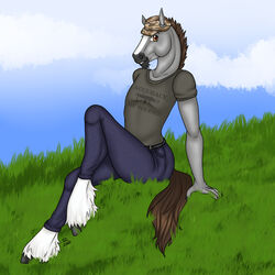  1:1 anthro brown_hair camo clothed clothing dallas_prairiewind equid equine fur grass grey_body grey_fur hair hat headgear headwear hi_res hooves horse looking_at_viewer male mammal markings plant sitting solo tabascocat white_markings 