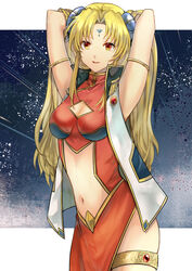  anzk232 armlet bare_arms blonde_hair breasts brown_eyes cleavage cleavage_cutout closed_mouth clothing_cutout dress facial_mark female galaxy_angel hair_intakes hands_in_hair highres long_hair looking_at_viewer medium_breasts midriff navel ranpha_franboise red_dress red_lips sleeveless smile solo stomach thighlet very_long_hair 