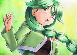  :o bad_id bad_twitter_id braid breasts brown_shirt cheryl_(pokemon) commentary_request female green_background green_eyes green_hair green_jacket hair_over_shoulder hands_up highres jacket long_hair long_sleeves oka_mochi open_mouth pokemon pokemon_dppt ribbed_shirt shirt single_braid solo tongue traditional_media upper_body 