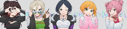  5girls :3 absurdres ahoge alternate_hairstyle black_eyes black_hair black_nails black_shirt blonde_hair blue_eyes bra_strap breasts brown_eyes brown_hair bubble_tea character_name choker cleavage cleavage_cutout clothing_cutout double_bun earrings green_eyes green_tank_top grin hair_between_eyes hair_bun hair_ribbon hayami_kanade heart heart-shaped_eyewear heart_earrings heart_hands highres ichinose_shiki idolmaster idolmaster_cinderella_girls jacket jewelry jougasaki_mika lipps_(idolmaster) long_hair long_sleeves looking_at_viewer medium_breasts messy_hair miyamoto_frederica multiple_girls nail_polish off_shoulder one_eye_closed pink_hair pink_nails red_nails ribbon shiomi_syuko shirt short_hair simple_background smile tank_top white_background white_tank_top wide_image yami_ga_fukami 