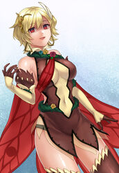  :d absurdres alternate_costume bare_shoulders black_dress black_thighhighs blonde_hair blue_background breasts cape citrinne_(fire_emblem) commentary_request commission corrin_(female)_(fire_emblem) corrin_(female)_(fire_emblem)_(cosplay) corrin_(female)_(resplendent)_(fire_emblem) corrin_(fire_emblem) cosplay covered_navel cowboy_shot dress earrings elbow_gloves female fire_emblem fire_emblem_engage fire_emblem_heroes gloves gradient_background hazuki_(nyorosuke) highres hoop_earrings jewelry large_breasts looking_at_viewer open_mouth red_cape red_eyes shaded_face short_dress short_hair skeb_commission sleeveless sleeveless_dress smile solo standing thighhighs thighs white_background wing_hair_ornament 