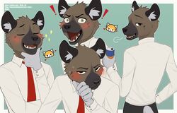  2020 absurd_res aggretsuko anthro blush bodily_fluids border brown_body brown_fur can closed_eyes clothed clothing container daww digital_media_(artwork) fully_clothed fur haida_(aggretsuko) hi_res holding_can holding_container holding_object hyena inner_ear_fluff male mammal necktie open_mouth open_smile riska_(artist) sanrio shaded sharp_teeth shirt simple_background smile spotted_hyena sweat sweatdrop teeth text topwear tuft url white_border 