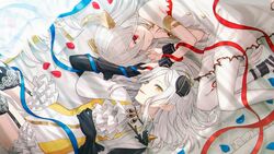  2girls alchemy_stars bed carleen_(alchemy_stars) dress elbow_gloves gabriel_(alchemy_stars) garter_belt gloves gray_hair headdress hyuuga_azuri long_hair petals red_eyes ribbons short_hair stockings torn_clothes wristwear yellow_eyes 