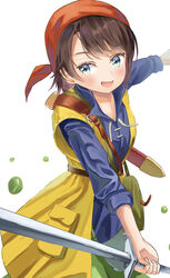  :d absurdres asakura_(asa_t77) belt belt_pouch blue_eyes blue_shirt brown_hair commentary_request cosplay cowboy_shot dragon_quest dragon_quest_viii female head_scarf hero_(dq8) hero_(dq8)_(cosplay) highres holding holding_sword holding_weapon hololive looking_at_viewer oozora_subaru open_mouth pouch red_headwear scabbard sheath shirt short_hair simple_background sleeves_rolled_up smile solo swept_bangs sword unsheathed virtual_youtuber weapon white_background yellow_cloak 