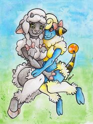  anthro anthrofied braided_hair breasts duo featureless_breasts female female/female generation_2_pokemon generation_8_pokemon hair mareep nintendo pokemon pokemon_(species) pseudo_clothing shiverz wooloo 