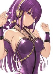  bare_shoulders beatmania_iidx blush breasts chains cleavage collarbone dress drill_hair female hakaba_(dairiseki) headphones highres large_breasts long_hair looking_at_viewer open_mouth purple_dress purple_eyes purple_hair solo umegiri_hifumi wrist_cuffs 