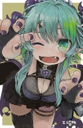  :d apricot_the_lich apricot_the_lich_(1st_costume) bent_over black_gloves breasts bridal_gauntlets bright_pupils claw_pose cleavage commentary_request commission earrings ebimomo fangs female fingernails gloves green_eyes green_hair hair_ornament hairclip hand_up highres horns indie_virtual_youtuber jewelry leaning_forward long_hair looking_at_viewer medium_breasts multiple_horns nail_polish open_mouth pointy_ears purple_nails ring signature single_thighhigh skeb_commission smile solo thighhighs virtual_youtuber white_pupils 