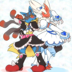  1:1 3_fingers 3_toes alternative_fashion ambiguous_gender anthro black_body black_clothing blue_body blue_clothing blush bodily_fluids bottomwear clothed clothing cosplay cosplay_lolita cotton_(artist) cure_black cure_white dress duo embarrassed feet fingers fur futari_wa_pretty_cure generation_6_pokemon goth gothic_lolita j-fashion lolita_(fashion) magical_girl_outfit mega_blaziken mega_evolution mega_lucario midriff nintendo open_mouth pokemon pokemon_(species) pose pretty_cure red_body skirt spikes spikes_(anatomy) sweat sweet_lolita talons toes white_body white_clothing yellow_body yellow_fur 