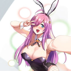  ahoge alternate_costume animal_ears armpits bare_shoulders blush breasts cleavage collarbone counter:side covered_nipples ddolggol detached_collar fake_animal_ears female fishnet_pantyhose fishnets hair_over_one_eye heart heart_in_eye highres large_breasts leotard lips lower_teeth_only miya_(counter:side) official_alternate_costume open_mouth pantyhose pink_hair playboy_bunny rabbit_ears smile solo strapless strapless_leotard symbol_in_eye teeth wing_collar wrist_cuffs 