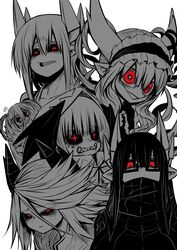  6+girls absurdres black_hair black_sclera black_sweater colored_sclera dark_persona demon_girl demon_horns dolores_(mazohaha) head_wings highres horns kamp limited_palette lizette_(mazohaha) looking_at_viewer lorem_(mazohaha) merii_(mazohaha) multiple_girls musuko_ga_kawaikute_shikatanai_mazoku_no_hahaoya nightmare_(mazohaha) pointy_ears red_eyes ribbed_sweater sharp_teeth siblings sisters sweater teeth white_background white_hair wings zyugoya 