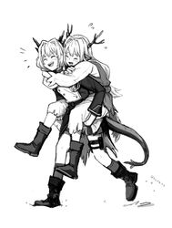  2girls alina_(arknights) animal_ears antlers arknights boots carrying closed_eyes commentary deer_antlers deer_ears deer_girl dragon_girl dragon_horns dragon_tail dress english_commentary flying_sweatdrops greyscale hair_intakes highres horns long_hair military military_uniform monochrome multiple_girls open_mouth piggyback short_hair silverxp simple_background socks tail talulah_(arknights) talulah_the_fighter_(arknights) twitter_username uniform walking 