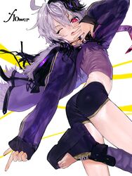  arm_up black_footwear black_shorts character_name commentary female finger_gun flower_(gynoid_talk) flower_(vocaloid) fur_trim grey_hair gynoid_talk highres jacket korpokkur_kne leg_up looking_at_viewer midriff navel one_eye_closed purple_eyes purple_jacket purple_shirt shirt short_hair shorts solo toeless_footwear twisted_torso vocaloid 