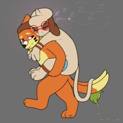  1:1 2_tails anthro blush buizel carrying_another dipstick_tail dripping duo eyewear female feral fur generation_2_pokemon generation_4_pokemon glasses hi_res kai_(mr.smile) male markings mimi_(mr.smile) mr.smile multi_tail nintendo nude orange_body orange_fur piggyback pokemon pokemon_(species) sleeping smeargle snoring tail tail_markings tan_body tan_fur 