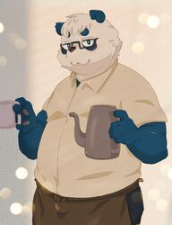  2022 anthro bear beverage black_nose blue_body bottomwear clothing coffee container cup eyewear giant_panda glasses hi_res humanoid_hands kemono male mammal mug overweight overweight_male pants sasayama_akira shirt solo tasty_cheeeeese topwear vtuber white_body 