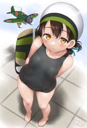  a5m aircraft airplane barefoot black_hair black_one-piece_swimsuit blue_ribbon brown_eyes commentary_request dd_(ijigendd) female flat_chest folded_ponytail from_above hair_ribbon highres kantai_collection kasuga_maru_(kancolle) kickboard long_hair looking_at_viewer official_alternate_costume one-piece_swimsuit ribbon school_uniform solo standing swept_bangs swim_cap swimsuit taiyou_(kancolle) white_headwear 