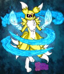  9_tails ambiguous_gender anthro bandai_namco canid canine canis digimon digimon_(species) featureless_crotch fire fur kyubimon magic mammal moraduwaffle multi_tail mystical nori_(moraduwaffle) pose power simple_background solo tail white_body white_fur yellow_body yellow_fur 