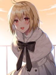  antenna_hair arcueid_brunestud arms_behind_back black_bow blonde_hair blush bow bowtie buttons capelet cloud commentary_request dress female hair_between_eyes long_sleeves looking_at_viewer outdoors red_eyes sakura_(tariliko) short_hair sky sly smile solo teeth tongue tsukihime tsukihime_(remake) turtleneck turtleneck_dress upper_teeth_only white_capelet white_dress yellow_sky 