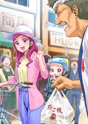  3boys 3girls :d ^_^ baby bag bicycle bicycle_helmet blonde_hair blue_pants blurry blurry_background blush closed_eyes clover_earrings faceless faceless_female faceless_male flower hat hat_flower hat_ribbon helmet highres holding holding_bag hug-tan_(precure) hugtto!_precure itou_shin&#039;ichi jacket long_hair long_sleeves multiple_boys multiple_girls nono_hana open_clothes open_jacket pants pink_flower pink_jacket plastic_bag precure purple_ribbon red_eyes red_hair ribbon shirt short_hair smile sun_hat waving white_headwear yellow_shirt 