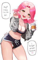  :d artist_name black_shorts black_sports_bra breasts cameltoe cleavage commentary cowboy_shot cropped_jacket cup disposable_coffee_cup disposable_cup dolphin_shorts eden_(shiroki_yuutsu) english_commentary english_text female fingernails highres holding holding_cup jacket leaning_forward looking_at_viewer medium_breasts medium_hair open_clothes open_jacket original panties pantyshot pink_hair short_shorts shorts simple_background smile solo speech_bubble sports_bra teeth underwear upshorts vanilla_(eden_(shiroki_yuutsu)) white_background white_panties yellow_eyes 